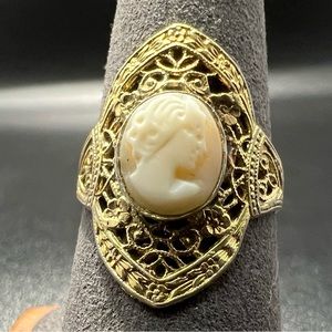 Large Antique Size 8 Filigree Gold Plated Carved Shell Cameo Ring